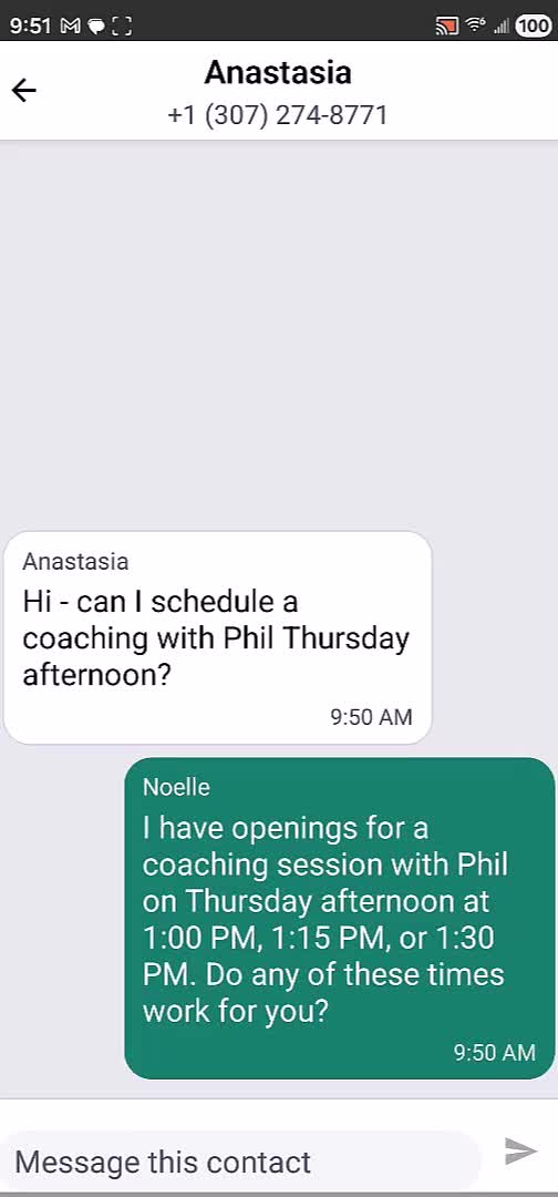 Phone screen showing a client asking to book and Noelle replying with times